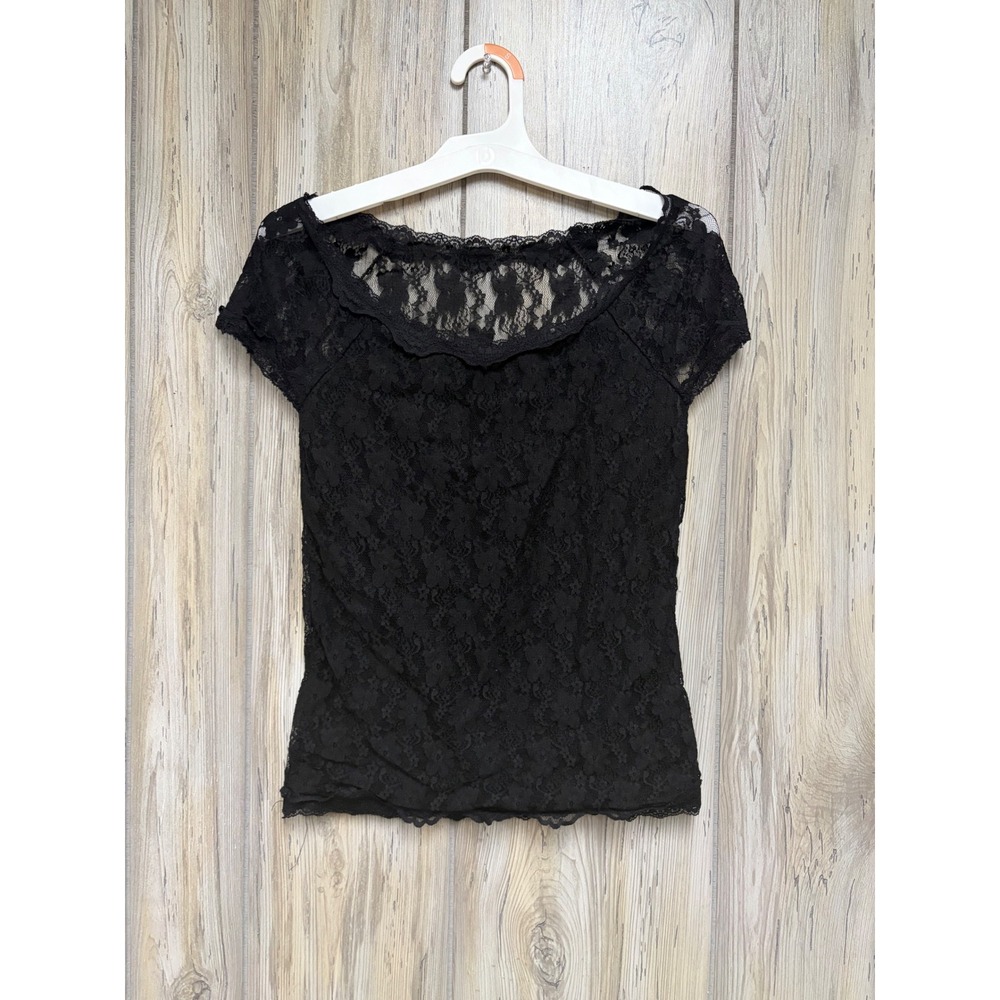 Black Floral Lace Scoop Neck Cap Sleeve Top Sheer Yoke Elegant Blouse